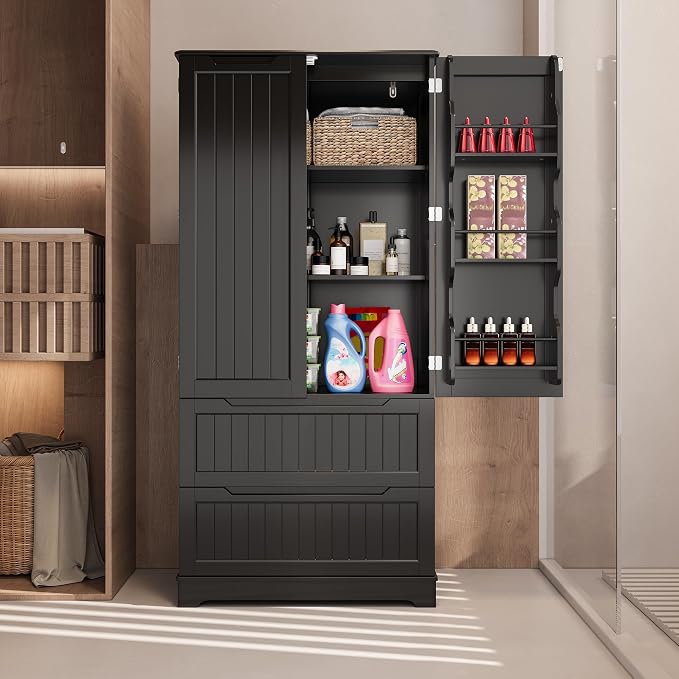 Gizoon Kitchen Storage Cabinets with Drawers Freestanding Kitchen Pantry with Doors and Shelves, 63" Food Pantry Cabinet for Dining Room Craft Room, Black, Painted
