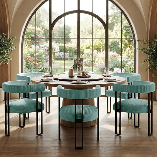 VIRRMO Boucle Dining Chair Set of 6 Corduroy Upholstered Dining Room Chairs Kitchen Chairs with Metal Legs Mid Century Modern Chair for Dining Room, Kitchen (Mint, 6)