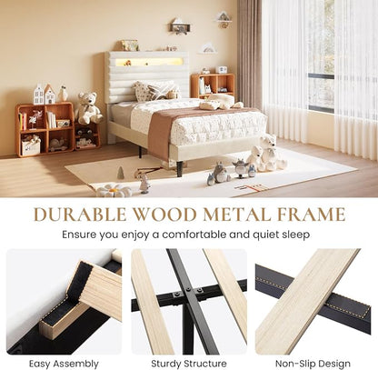 SHA CERLIN Twin Bed Frame with LED Light & 2-Tier Storage Shelf, Velvet Upholstered Adjustable Headboard with Charing Station, Horizontal Channel Tufted, No Box Spring Needed, Easy Assembly, White