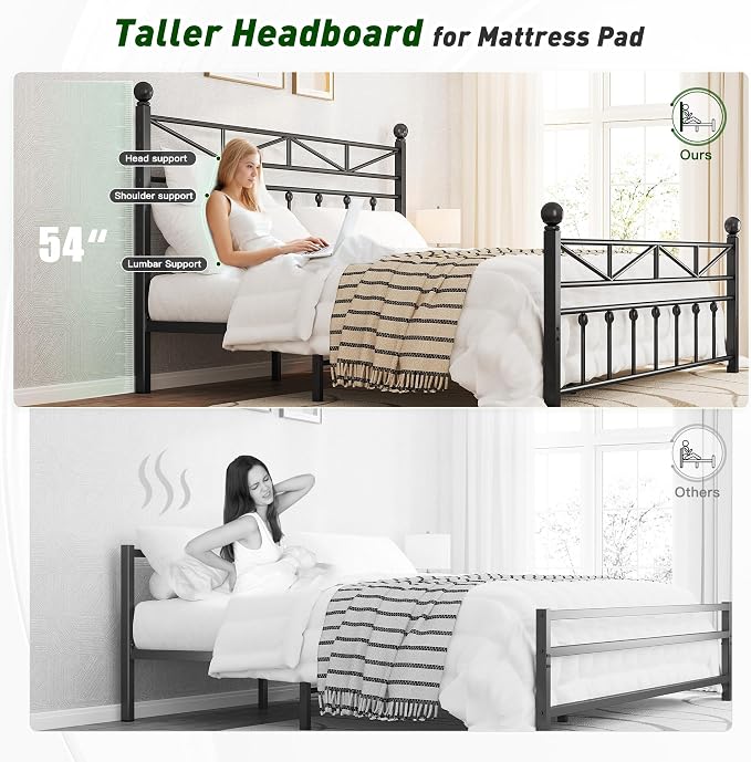 EnHomee 14.2" Metal Twin Bed Frames with Tall Headboard & Footboard, LED Light Twin Bed Frame, Strong Slats Support and Noise-Free Design with Under Bed Storage/No Box Spring Needed/Black