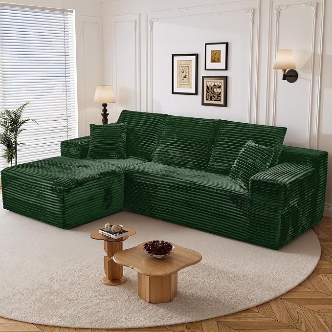 108" L Shaped Boneless Sectional Couches for Living Room, Comfy Corduroy Floor Cloud Sofa with Chaise, Wide Armrest, Deep Seat, Memory Foam, Assembly Free, Ideal for Small Spaces, Green
