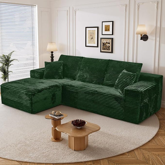 108" L Shaped Boneless Sectional Couches for Living Room, Comfy Corduroy Floor Cloud Sofa with Chaise, Wide Armrest, Deep Seat, Memory Foam, Assembly Free, Ideal for Small Spaces, Green