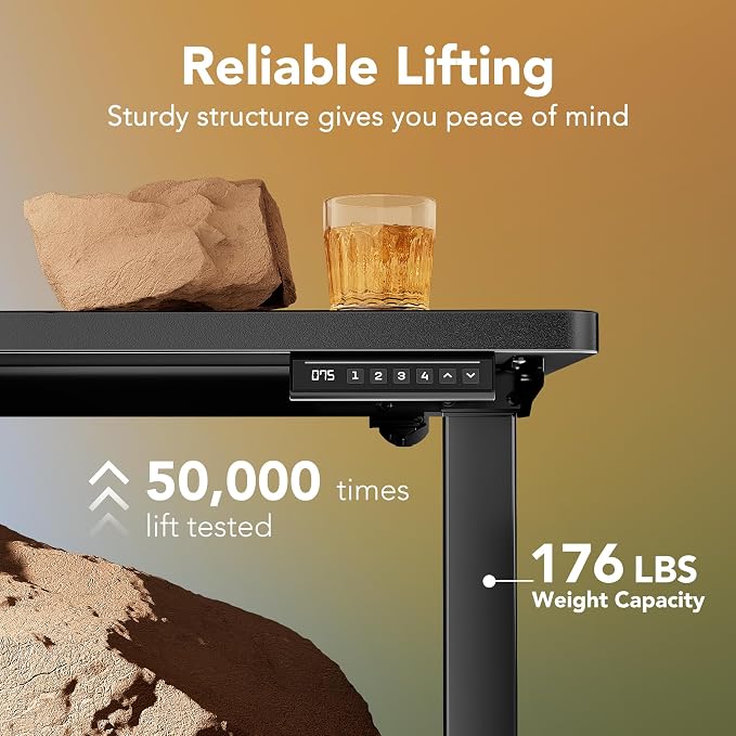 HUANUO 32x19 Inch Small Electric Standing Desk, Adjustable, Black | Compact Home Office Desk, 176lbs Heavy Duty Lifting with 4 Height Presets. M8 Screw Holes Ready for DIY Mobile Wheels