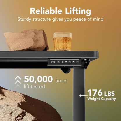 HUANUO 32x19 Inch Small Electric Standing Desk, Adjustable, Black | Compact Home Office Desk, 176lbs Heavy Duty Lifting with 4 Height Presets. M8 Screw Holes Ready for DIY Mobile Wheels