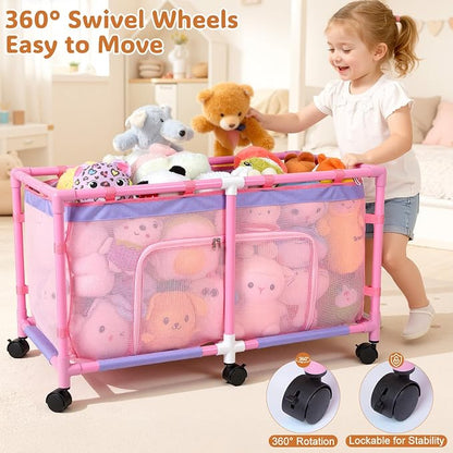 FIOBEE Toy Box for Girls Boys with See-Through Mesh & 360° Rotating Wheels Toy Chest Organizer Easy Install Stuffed Animal Storage for Nursery Playroom Toy Storage Bin, Pink