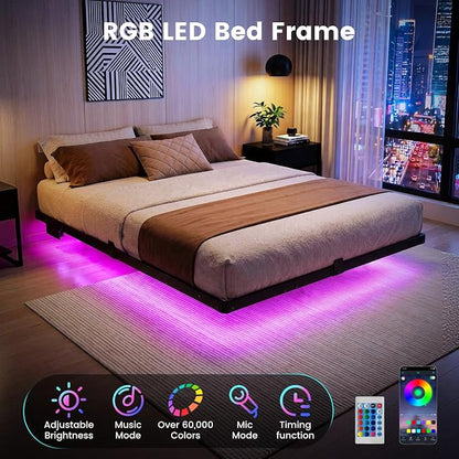 Liians Queen Size Floating Bed Frame with USB Charging Station and LED Lights, Modern Metal Platform Bed Frame with Mattress Slide Stopper, Noise Free No Box Spring Needed and Easy Assembly