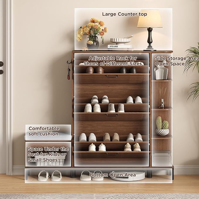 Maupvit Narrow Shoe Cabinet with Bench for Entryway, 3 Flip Louvered Doors & Side Storage Cabinet, 44" H Shoes Organizer with Upholstered Seat & Hooks for Front Door Entrance, Walnut