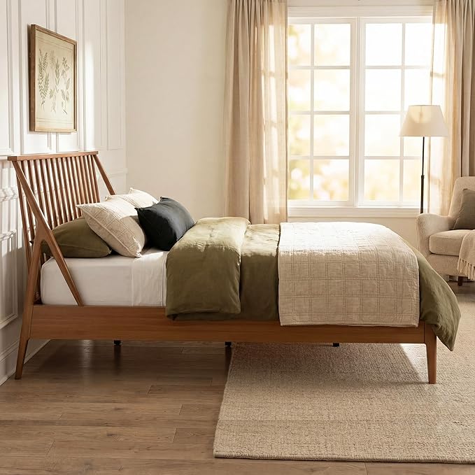 Merax King Size Solid Bamboo Wood Spindle Platform Bed with 46.5" Tall Headboard, Bohemian Bed Frame with Wooden Slats and Metal Support, Mid-Century Modern Style, No Box Spring Needed, Brown
