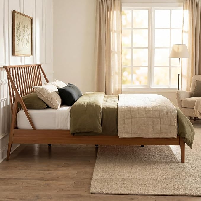 Merax Queen Size Solid Bamboo Wood Spindle Platform Bed with 46.5" Tall Headboard, Bohemian Bed Frame with Wooden Slats and Metal Support, Mid-Century Modern Style,No Box Spring Needed, Brown