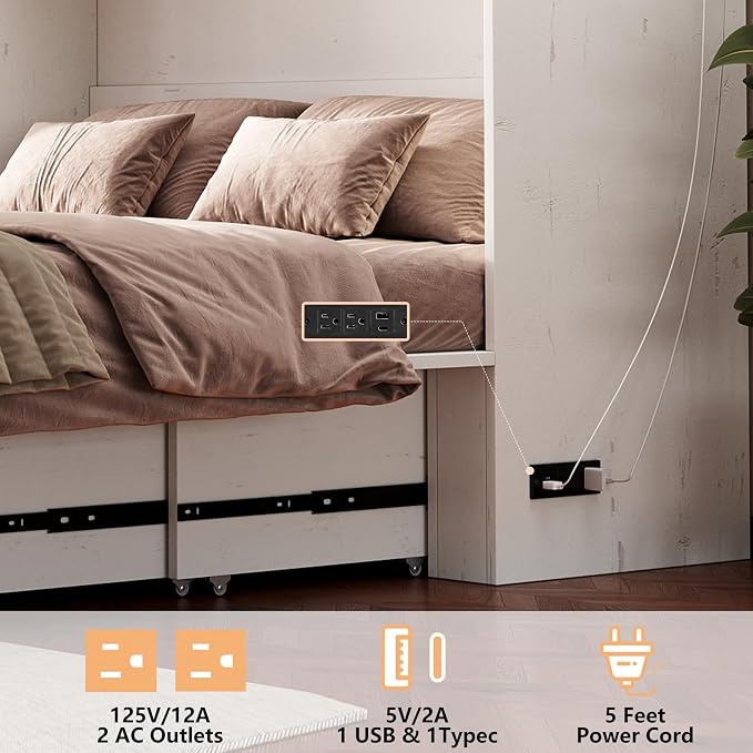Bellemave Queen Size Murphy Bed, Cabinet Bed with Charging Station and Storage, Farmhouse Murphy Cabinet with Foldable Panel, Noisy Free, for Guest Bedroom, Living Room, Office, White