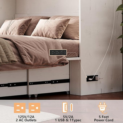 Bellemave Queen Size Murphy Bed, Cabinet Bed with Charging Station and Storage, Farmhouse Murphy Cabinet with Foldable Panel, Noisy Free, for Guest Bedroom, Living Room, Office, White