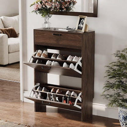 VINGLI Shoe Cabinet Storage for Entryway Ultra Slim with 2 Flip &1Drop-Down Drawers, 24.8" W Narrow Shoe Cabinet for Front Door Entrance,Freestanding Walnut Wood Shoes Organizer for Hallway