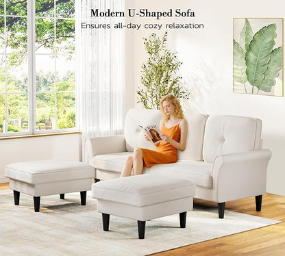 Small Sectional Couch, 83" U Shaped Couch, Comfy Velvet Couches for Living Room, Tool-Free Setup Modular Sectional Sofa, 850lbs Load Sofas for Living Room with 2 Movable Ottomans, White Couch