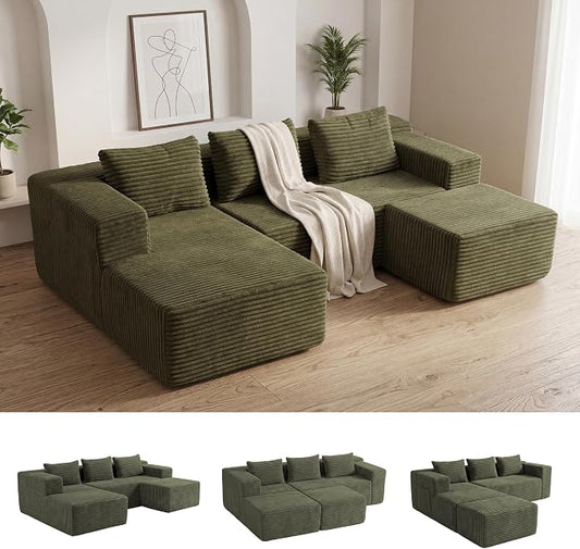 Modular Sectional U-Shaped Sofa with Deep Seat, Modern Boneless Comfy Corduroy Fluffy Couch with Side Pockets and Anti-Slip & Floor-Friendly Bottom for Living Room, No Assembly, Green