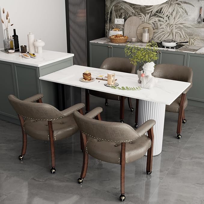LEEMTORIG Set of 2 Dining Chairs with Casters and Arms, Rolling Dining Chairs with Wheels for Elderly, Ergonomic Wide Seat Wooden Office Chair, 26" Dx25.2 W, Cherry Legs&Dark Brown Fabric SY-1533-DK