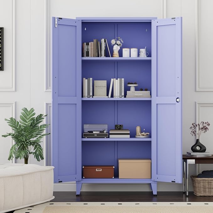 61" H Purple Metal Storage Cabinet with Door and 3 Adjustable Shelves Kitchen Pantry Cabinet with 2 Gold Handles Tall Metal Pantry Cabinet Freestanding Cupboard For Dining Room Living Room Bathroom ﻿