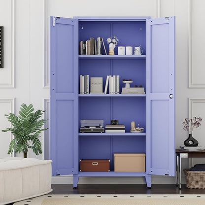 61" H Purple Metal Storage Cabinet with Door and 3 Adjustable Shelves Kitchen Pantry Cabinet with 2 Gold Handles Tall Metal Pantry Cabinet Freestanding Cupboard For Dining Room Living Room Bathroom ﻿