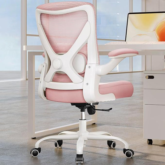 Office Chair Ergonomic Desk Chair Comfy: 330LBS Mesh Computer Chair Ergonomic Gaming Chairs with Wheels Adjustable Lumbar Support and Flip up Armrest-Swivel Executive Chairs Long Hours(Light Pink)
