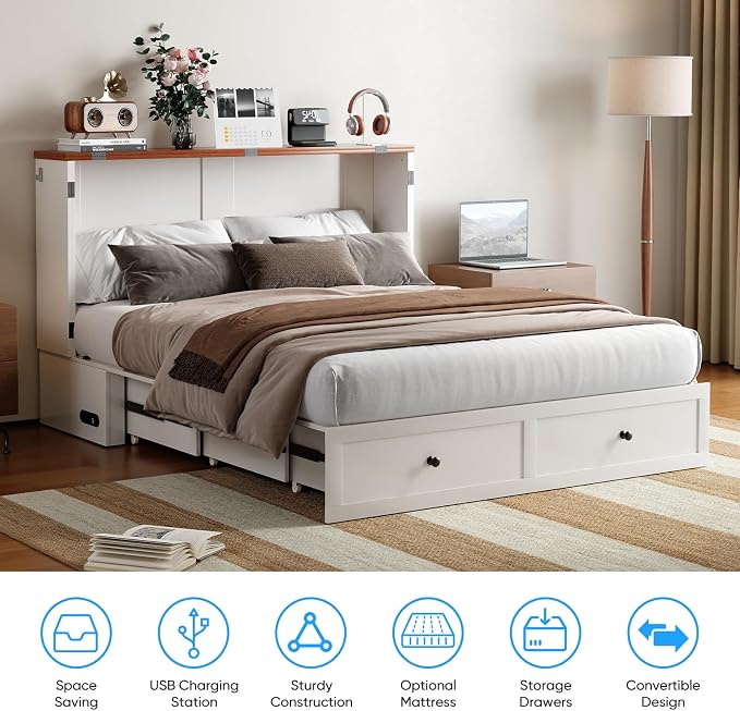 PUREMIND Murphy Bed Queen, X Frame Cabinet Beds Chest with Charging Station & Storage Drawers, Convertible Hideaway Cabinet Bed for Guest Room, White, Without Mattress
