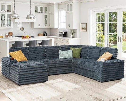 AMERLIFE 112 Inch U Shaped Couch, Oversized Sofa with Storage Chaise & Cup Holders, Sectional Sofa with USB & Type-C Charging Ports, Faux Fur Dark Grey Sofa