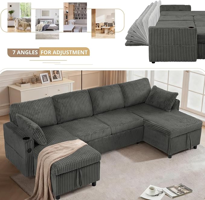 110" Corduroy U-Shape Sofa Bed with Adjustable Backrests, Upholstered Pull Out Sofa Bed with USB Ports, Convertible Sectional Sleeper Couch with Storage Chaise for Living Room, House, Grey