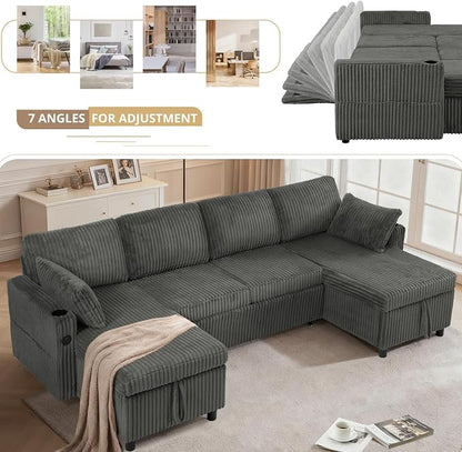 110" Corduroy U-Shape Sofa Bed with Adjustable Backrests, Upholstered Pull Out Sofa Bed with USB Ports, Convertible Sectional Sleeper Couch with Storage Chaise for Living Room, House, Grey