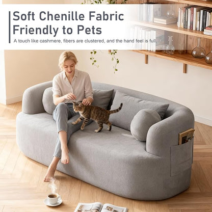 Loveseat Sofa for Small Space, 67.3" Boneless Love Seat Sofa with Side Pocket & 4 Pillows, Foam and Spring Filling, Soft Chenille for Living Room, Apartment, Bedroom, No Assembly