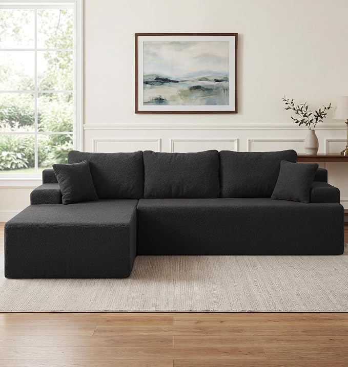 Hobestluk Modular Sectional Sofa Couches L-Shape Couch 3 Seat Modular Sofa Memory Foam Sectional Couches for Living Room, Cloud Couch with Oversized Chaise (Black Smooth, 108", Left Hand Facing)
