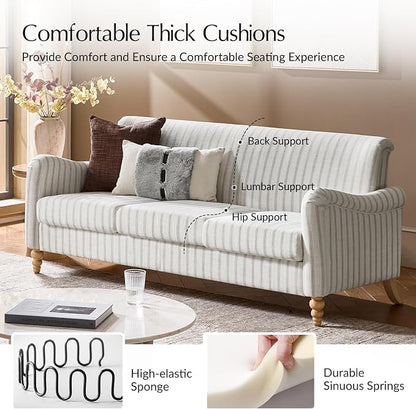 HULALA HOME Farmhouse Curved Couch with Stripe Pattern, 3 Seater Sofa with Solid Wood Spindle Legs and Rolled Wide Armrests, Comfy Upholstered Sofa for Living Room Bedroom, Grey