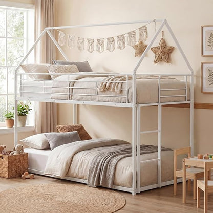 Giantex Twin Over Twin Metal Bunk Bed, House-Shaped Bunk Bed Frame with Safety Guardrail & Roof, Heavy-Duty Kids Floor Bed with Metal Slats for Boys Girls, No Box Spring Needed (White)