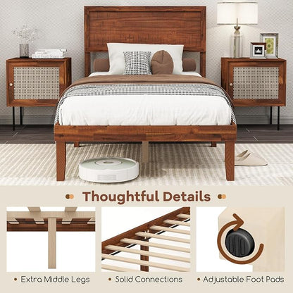 KOMFOTT Twin Size Wood Bed Frame with Headboard, Solid Acacia Wood Platform Bed Frame, Wooden Slats Supported Bed Base with Under-Bed Storage Space, No Box Spring Needed Mattress Foundation