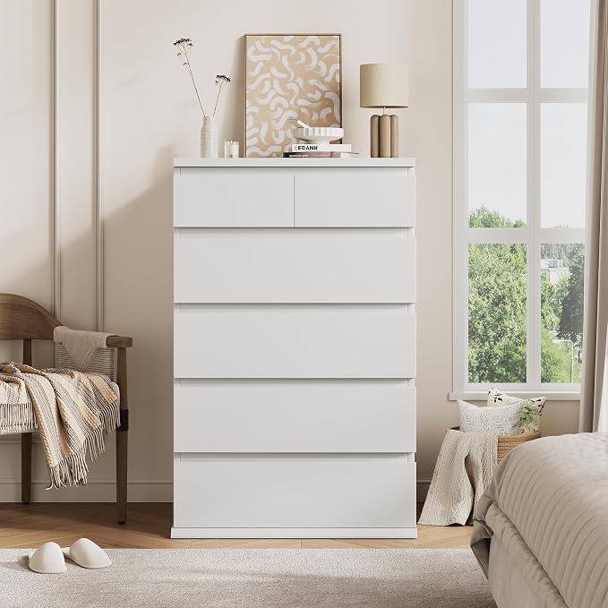 Jocoevol White Tall 6 Drawer Dresser for Bedroom,Dressers & Chests of Drawers with Jewelry Storage,Wood Storage Dresser with Deep Drawers for Living Room Hallway Entryway(40.75" L*23.62" W*15.75")