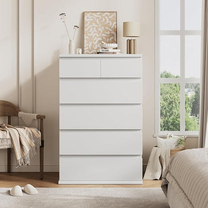 Jocoevol White Tall 6 Drawer Dresser for Bedroom,Dressers & Chests of Drawers with Jewelry Storage,Wood Storage Dresser with Deep Drawers for Living Room Hallway Entryway(40.75" L*23.62" W*15.75")