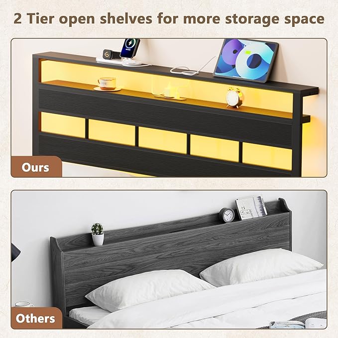 Furnulem Twin Bed Frames with Charging Station and LED Lights, Twin Size Platform Bed with Metal Slats, Wood Headboard with 2-Tier Storage Shelves, No Box Spring Needed, Black Oak