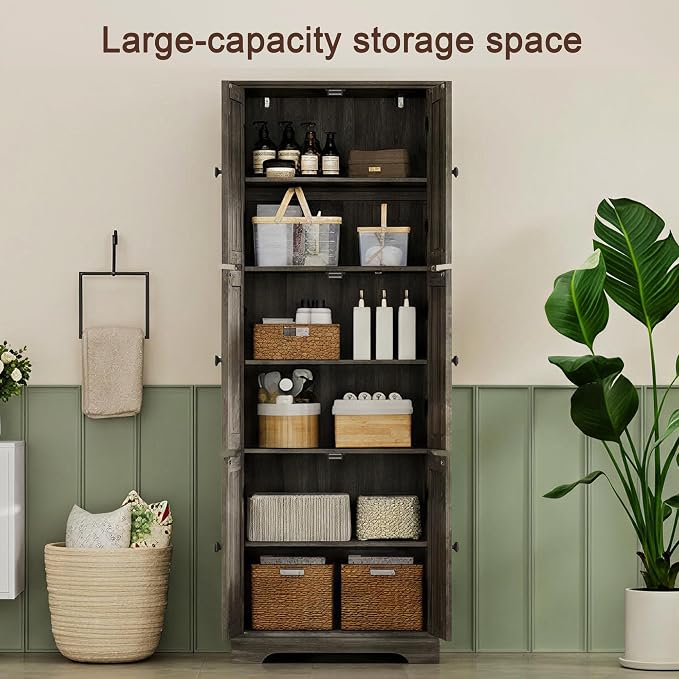 ChooChoo Tall Bathroom Storage Cabinet with 6 Doors, Freestanding Floor Cabinet with Adjustable Shelves, Rustic Weathered Gray Pantry Cabinet for Bathroom, Kitchen, Laundry Room