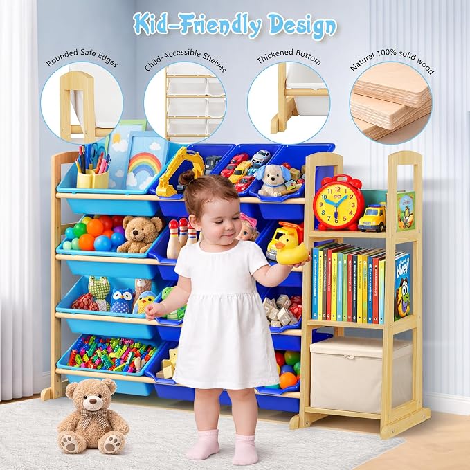 Kids Toy Storage Organizer with Bookshelf – Wooden Shelf with 16 Bins & 3 Shelves, Quick Assembly Storage Rack for Playroom, Bedroom, Nursery - Blue