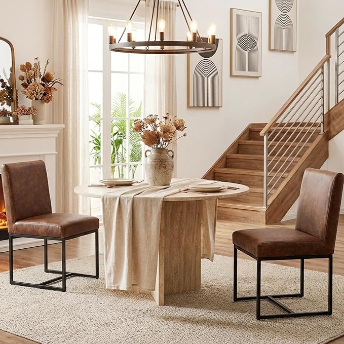 VESCASA Faux Leather Upholstered Dining Chairs with Black Metal Frame, Mid Century Modern Padded Kitchen Chair with Adjustable Foot Pads for Restaurant, Dining Room, Set of 2, Brown