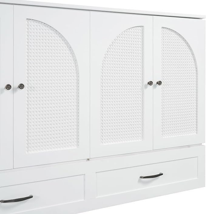 Ball & Cast Murphy Bed Queen Size Bedroom Folding Wall Cabinets Frame with Large Drawer and USB Ports,Hideaway Bed w/Tri-Fold Mattress Design,for Guest Room,Study,Office,White