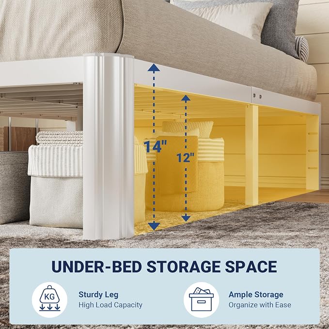 Allewie Metal Queen Bed Frame, 14 Inch 3500LBS Heavy Duty Platform Bed with Rounded Corner & Under Bed Space, No Box Spring Needed, Noise Free, Easy Assembly, White