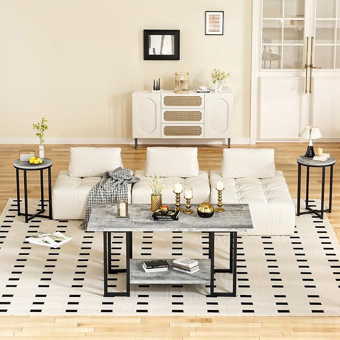 Lamerge 3 Pieces Living Room Table Set, Faux Marble Coffee Table with 2 Round End Side Tables, Coffee Table Set with Metal Frame for Apartment Home Office, Grey&Black