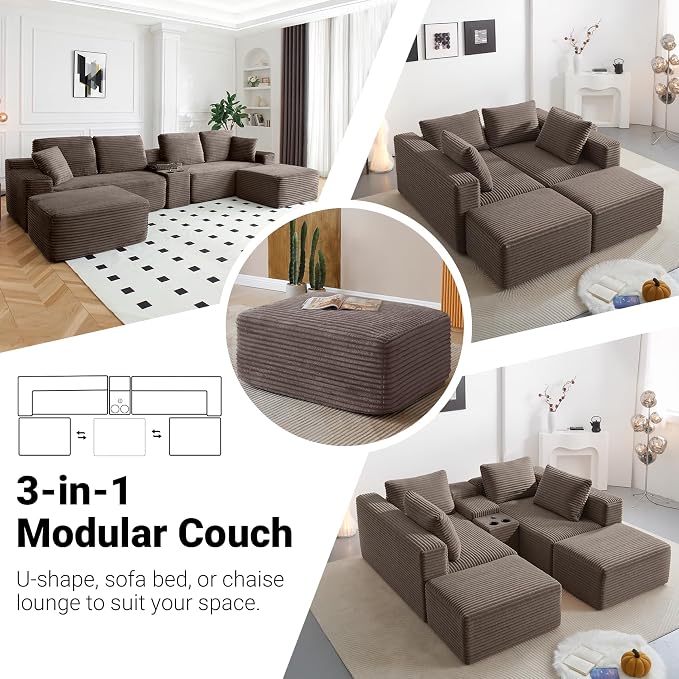 ivoros 150 Inch Modular Sectional Sofa Couch, Oversized Modern Cloud Couch for Living Room, U Shape Couches with 2 Ottomans, USB Ports and Cup Holders, Camel Corduroy Boneless Sofas, Sofa in a Box