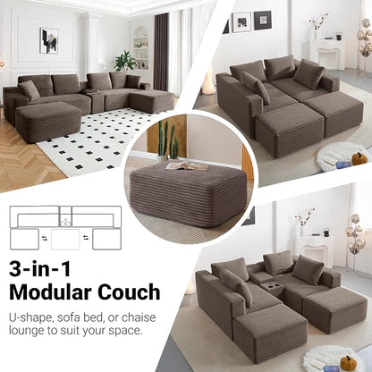 ivoros 150 Inch Modular Sectional Sofa Couch, Oversized Modern Cloud Couch for Living Room, U Shape Couches with 2 Ottomans, USB Ports and Cup Holders, Camel Corduroy Boneless Sofas, Sofa in a Box