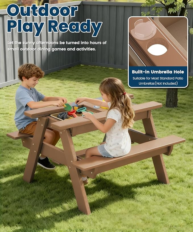 FOOWIN Kids 3-in-1 Sand & Water Table,HDPE Outdoor Convertible Picnic Table w/Detachable Tabletop, for Outdoor Backyard Patio Play Teak
