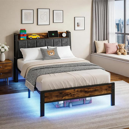 Liians Twin Size Bed Frame with Storage Headboard and Charging Station, Smart RGB LED Lights, Metal Platform Bed with USB & Type-C Ports, Noise Free, Easy Assembly, No Box Spring Needed