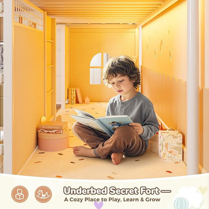 Low Loft Bed Twin Size with 7 Storage Drawers, Desk and LED Lights, Heavy Duty Metal Kids Loft Bed with 13.8" H Safety Guardrail, Anti-Collision Pad, Private Play Curtain, Under-Bed Play Space - Beige