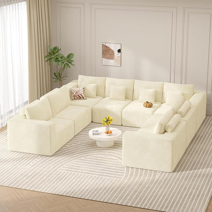 Modern U Shaped Modular Sectional Sofa, Convertible Oversized Cloud Couches for Living Room, Comfy 8 Seater Corduroy Boneless Couch Sofa Set, No Assembly Required, Beige 1 PCS