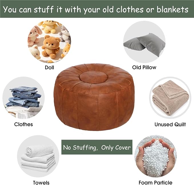 Thgonwid Unstuffed Moroccan Storage Pouf Foot Stool Ottoman Seat Handmade Faux Leather Bean Bag Floor Chair Foot Rest for Living Room, Bedroom or Balcony (Light Brown)