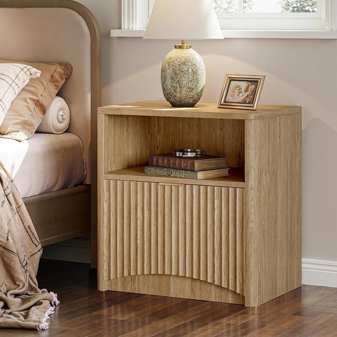 Evermagin 3-Piece Bedroom Furniture Set for Bedroom, 55" Wide Fluted 6-Drawer Dresser with 2 Nightstands, Mid-Century Modern Dresser and Nightstand Set (Natural)