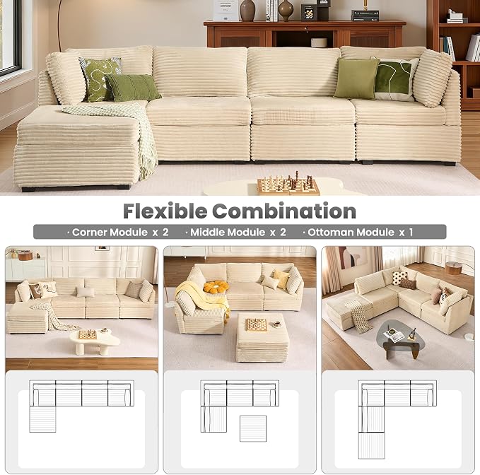 ovios Modular Sectional Sofa Couch with L-Shape Chaise Ottoman, Comfy Plush Corduroy Cloud Couches, Modern Luxury Deep Seat Sofas Set for Living Room, 5-Seater, Beige