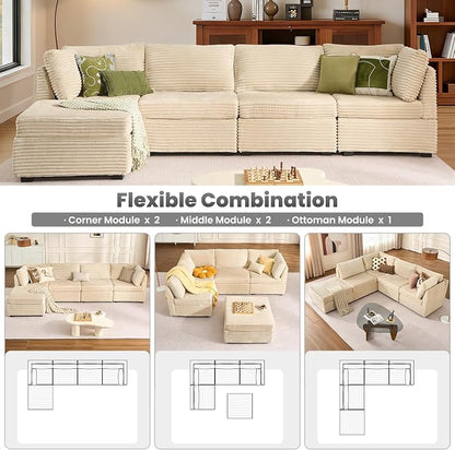 ovios Modular Sectional Sofa Couch with L-Shape Chaise Ottoman, Comfy Plush Corduroy Cloud Couches, Modern Luxury Deep Seat Sofas Set for Living Room, 5-Seater, Beige